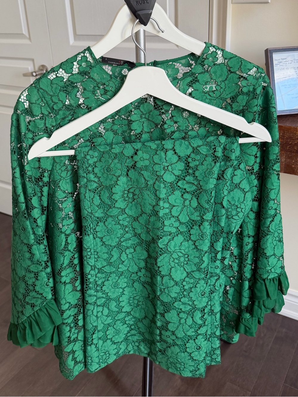Carolina Herrera Emerald Green Floral Lace Blouse and Pant Set